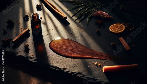 A streak of coppery ginger oil catching sunlit glints on a dark