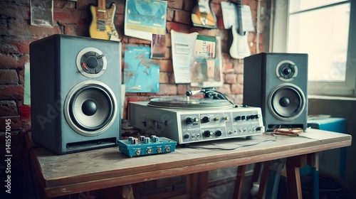Wallpaper Mural A vintage inspired music production setup with studio monitor speakers and an audio interface placed on a rustic wooden table surrounded by a brick wall and various musical instruments and equipment Torontodigital.ca