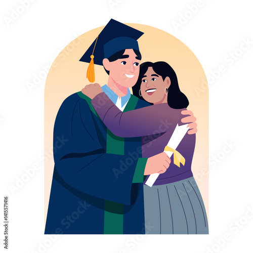 A flat style illustration of a proud mother hugging her graduated son