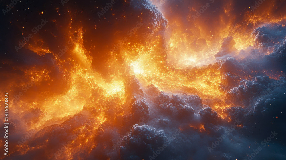 Naklejka premium A mesmerizing cosmic scene of fiery nebulae stretching across space, forming a luminous galactic network