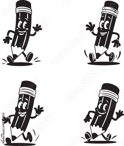 Cartoon Pencil Character Running With A Happy Face Retro Style Black And White