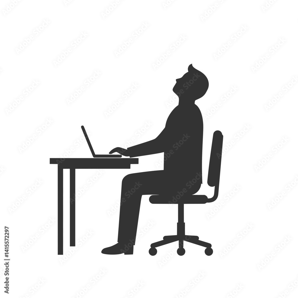 Office Worker Taking Mindful Deep Breath at Desk Silhouette Vector Office Worker Taking Mindful Deep Breath at Desk Silhouette Vector