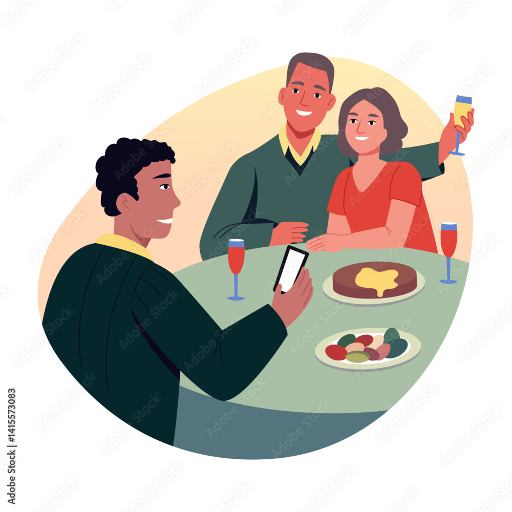 A flat style illustration showing family dinner A flat style illustration showing family dinner