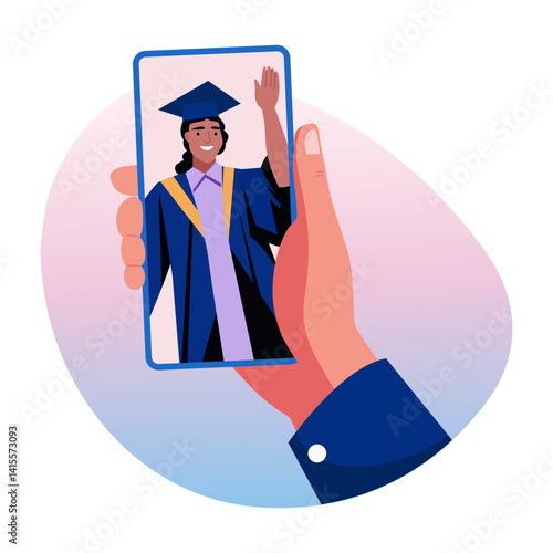 A graduated character doing a video call, flat style illustration