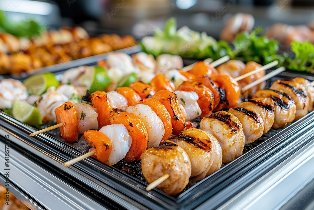 Grocery store frozen seafood section Grilled skewers of seafood and vegetables on a platter. Grocery store frozen seafood section Grilled skewers of seafood and vegetables on a platter.