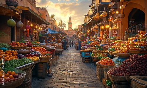 Vibrant market scene showcasing a variety of fresh fruits and vegetables under warm sunset light