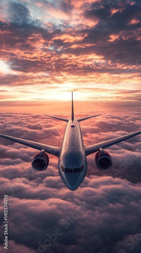 A passenger jet soaring above beautiful pink and orange clouds