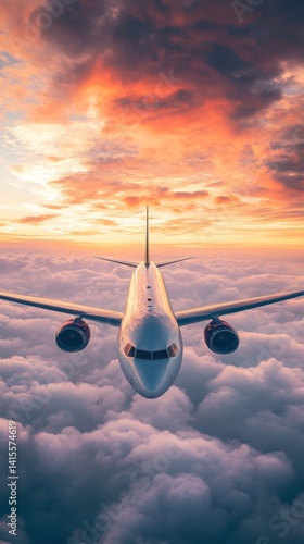 An airplane flying above the clouds during a beautiful sunset