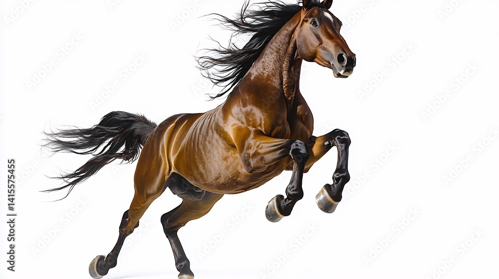 Fototapeta premium Horse on a white background captured rearing up on its hind legs with its mane and tail flowing dramatically