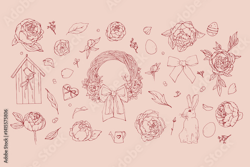 Easter doodles with rabbit and peones on pink