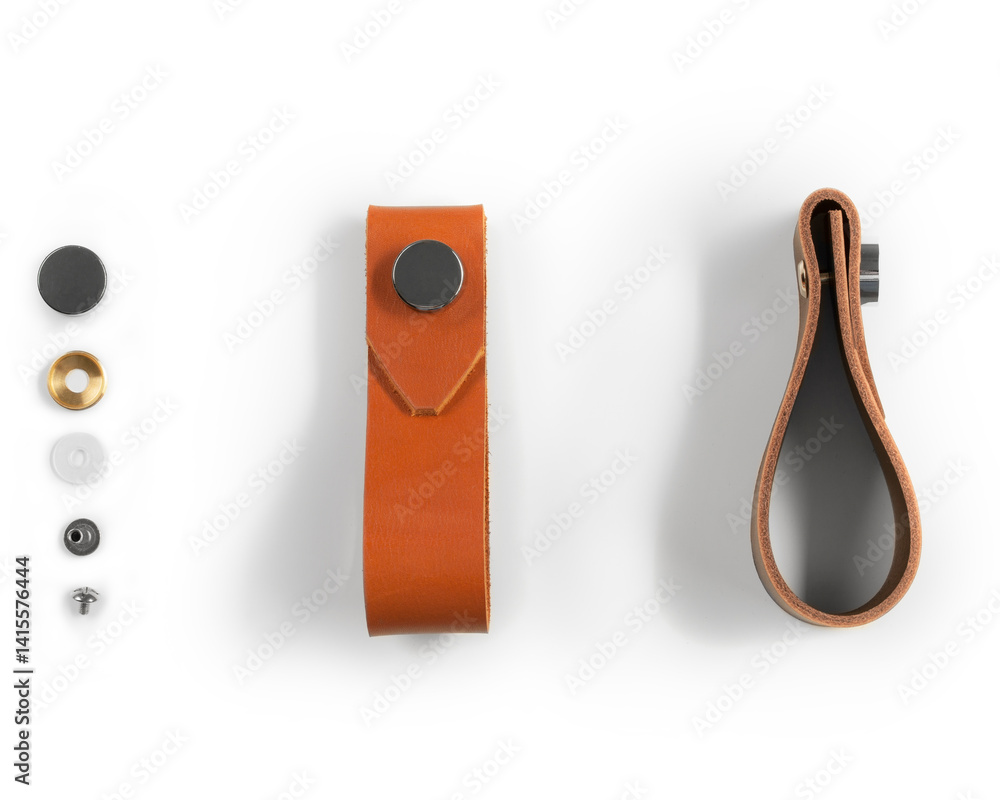 Leather drawer pull handles with mounting hardware on white background