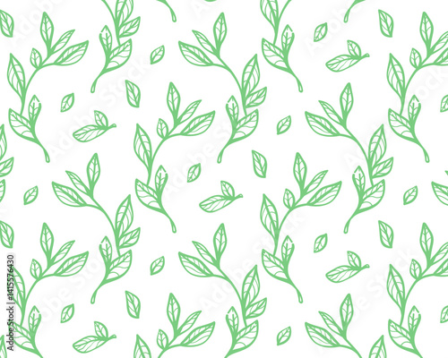 Seamless vector pattern with green leaves brush branches. Olive, eucalyptus, and laurel twigs in modern ornament style. Hand-drawn ink texture with abstract plant motifs.