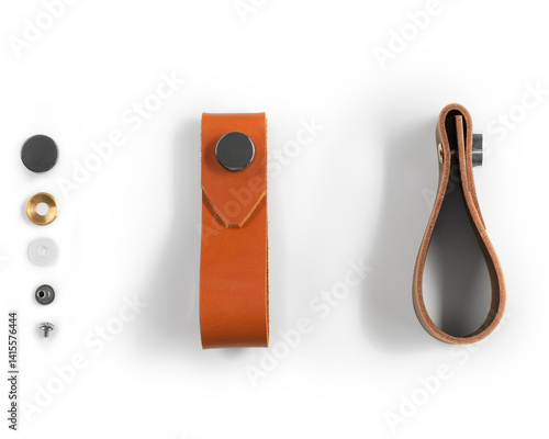 Obraz na płótnie Leather drawer pull handles with mounting hardware on white background w salonie