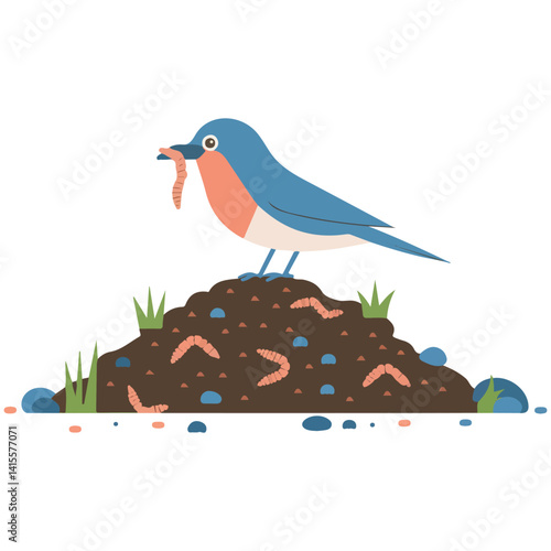 bird eating worm soil nature isolated vector illustration on white background