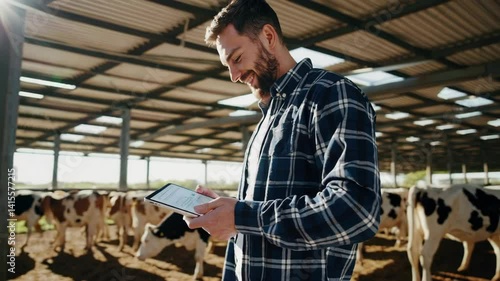 Wallpaper Mural Farmer using tablet to monitor dairy cows in sunlit barn with modern agriculture technology Torontodigital.ca