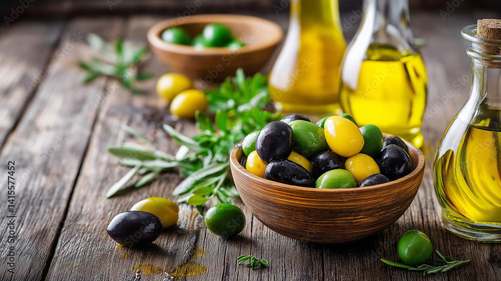 Rustic wooden table with spicy olives and olive oil decoration