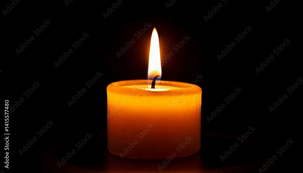 One candle burning slowly isolated on pitch black background One candle burning slowly isolated on pitch black background