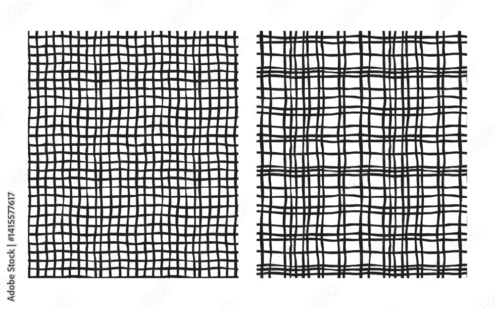 Fototapeta premium eamless hand-drawn checkered pattern with square, mesh, and plaid elements. Black and white geometric background featuring uneven vertical and horizontal doodle-style stripes. 