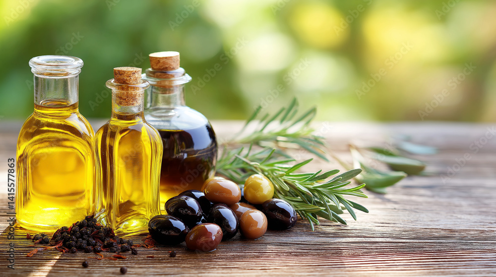 Rustic display of olive oil and spicy olives on wooden table Rustic display of olive oil and spicy olives on wooden table