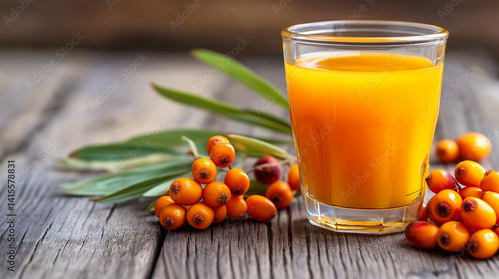 A glass of bright seabuckthorn juice on rustic wood table A glass of bright seabuckthorn juice on rustic wood table