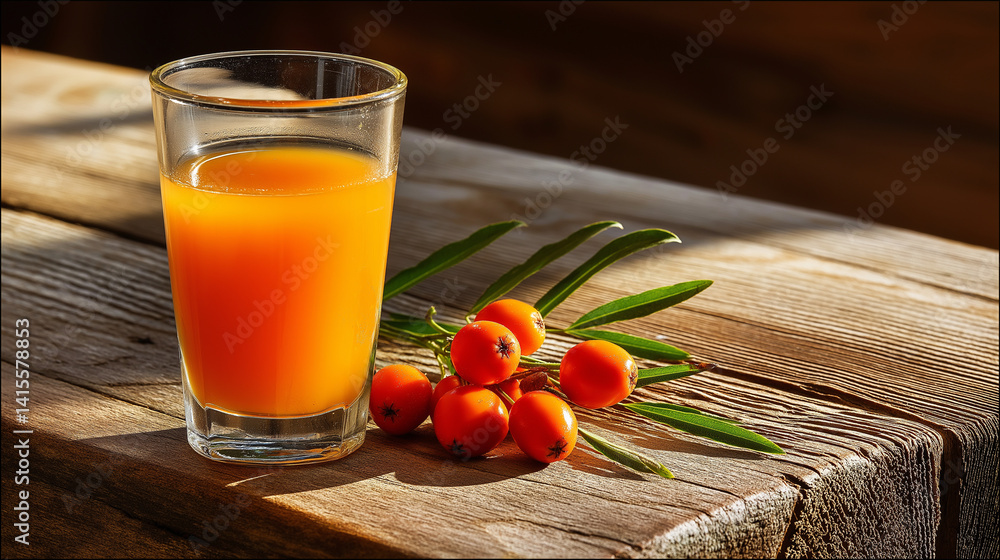 Seabuckthorn Juice and Fresh Berries on Rustic Wooden Table