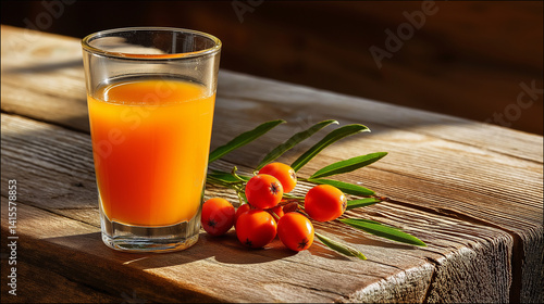 Obraz na płótnie Seabuckthorn Juice and Fresh Berries on Rustic Wooden Table w salonie