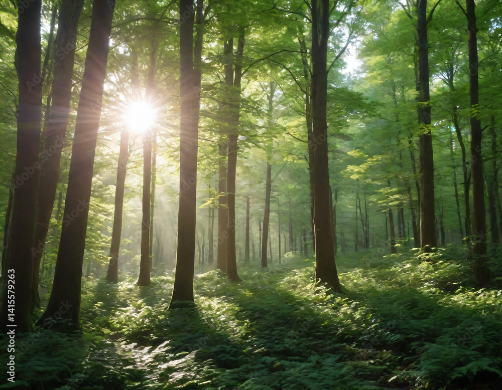 Obraz premium Sunlight filters through dense green foliage, creating dappled light on moss-covered trees and a misty forest floor.
