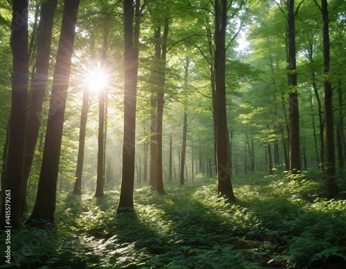 Wallpaper Mural Sunlight filters through dense green foliage, creating dappled light on moss-covered trees and a misty forest floor. Torontodigital.ca