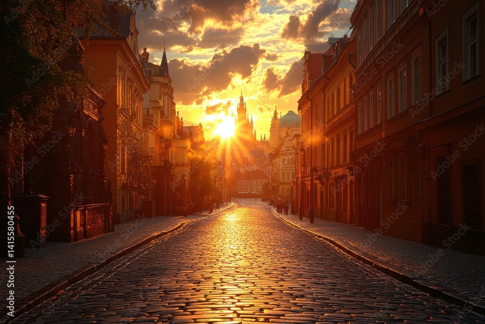 Fototapeta premium Sunset Over Historic Cobblestone Street in European City