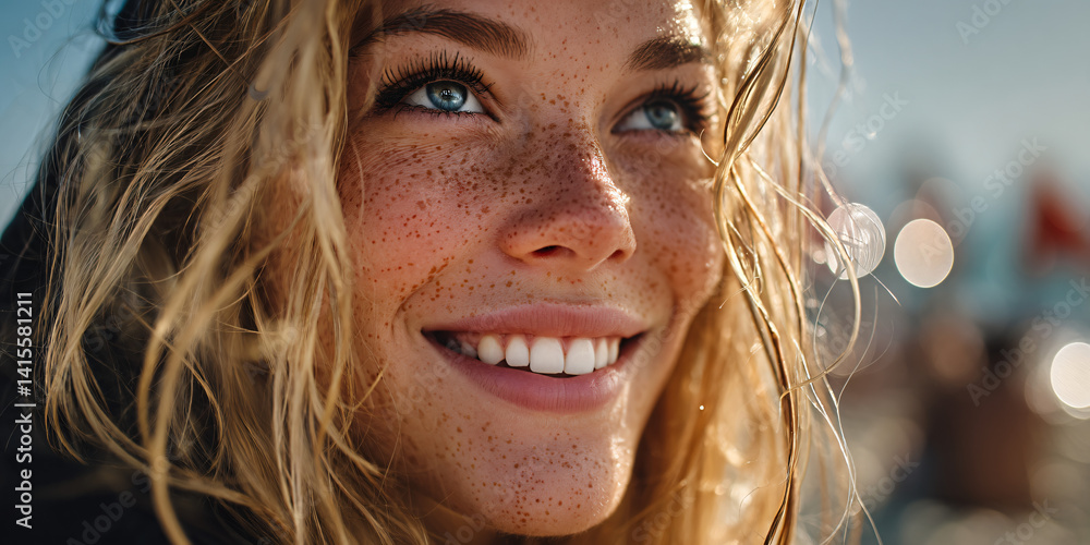 Close-up of a young woman with freckles and blonde hair smiling outdoors on a sunny day. Close-up of a young woman with freckles and blonde hair smiling outdoors on a sunny day.