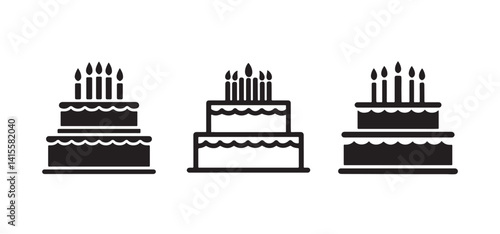 three black and white birthday cakes with candles. each cake features unique designs with different layers. perfect for party invitations, festive announcements, or creative decorations.