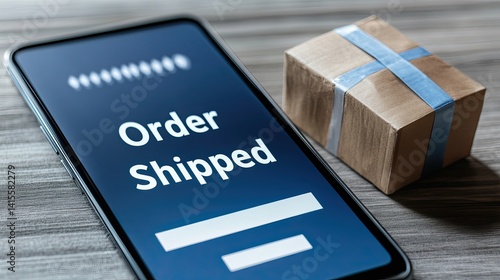 A phone screen shows a box with the words "Order Shipped" on it
