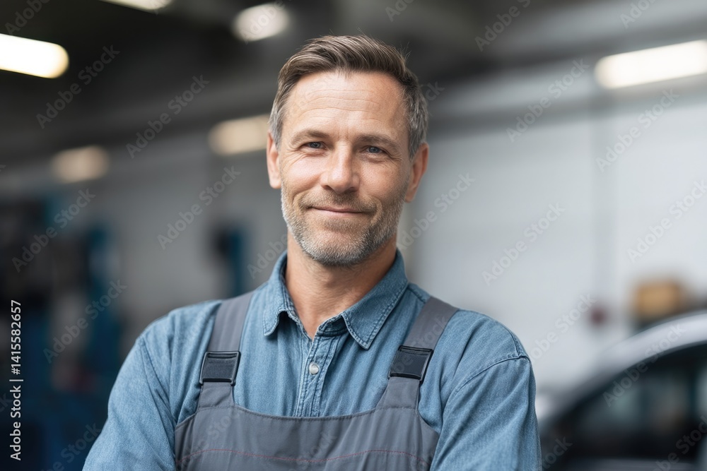 portrait of auto mechanic standing confidently with blurred workshop background minimalistic vibe portrait of auto mechanic standing confidently with blurred workshop background minimalistic vibe
