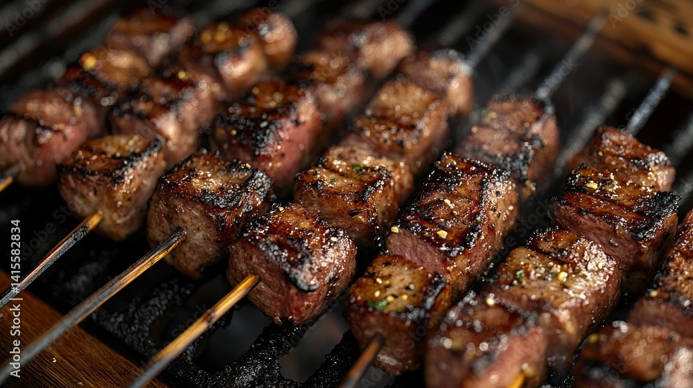 Grilled beef cubes on skewers, beautifully seared and seasoned. Close-up view of the cooking process, showing the smoky aroma and tender, cooked meat Grilled beef cubes on skewers, beautifully seared and seasoned. Close-up view of the cooking process, showing the smoky aroma and tender, cooked meat