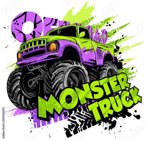 Design with Hand drawing  green Monster Truck. Vector t-shirt illustration for boy. Grunge cool style print on isolated white background