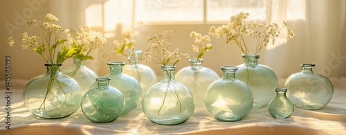 A row of vases with flowers in them sit on a table
