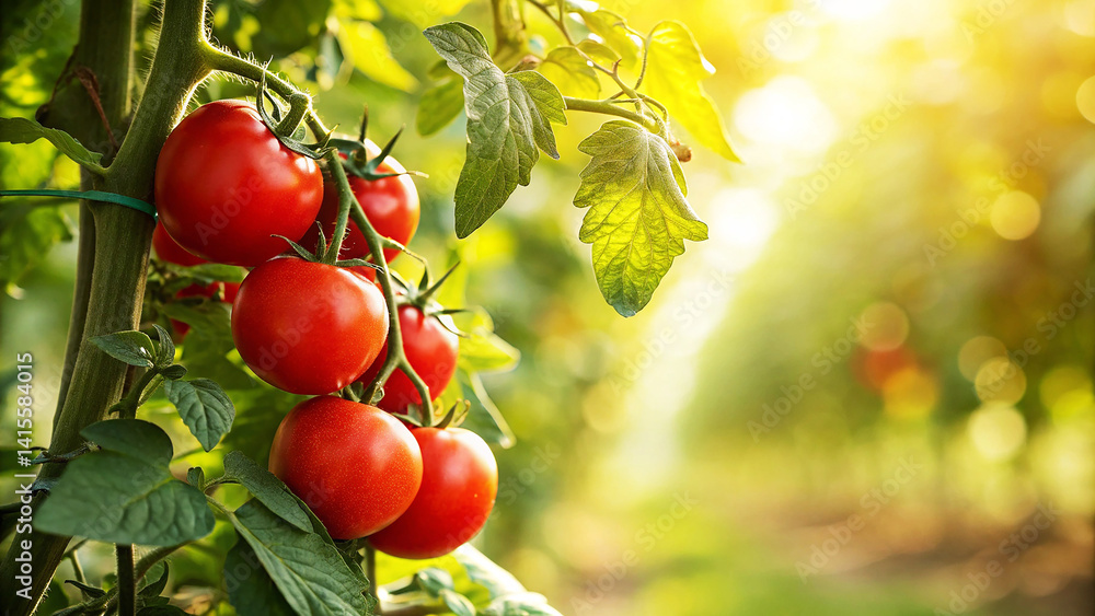 Tometo growing in field, Fresh Red tomatoes on trees in field with warm sunlight natural sunny day background Tometo growing in field, Fresh Red tomatoes on trees in field with warm sunlight natural sunny day background