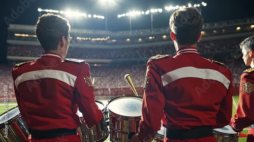 Marching Band Drumline Performing at Stadium, Celebrating School Spirit