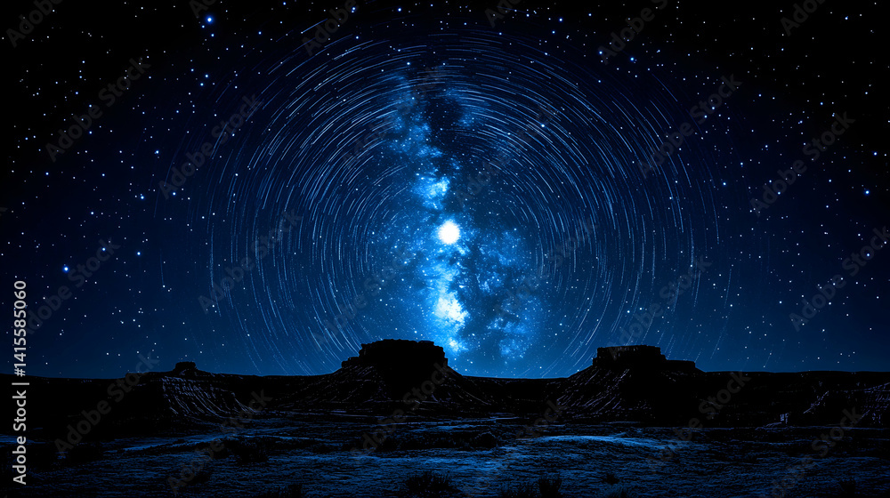 Fototapeta premium Majestic nightscape with a spiral of star trails over silhouetted rock formations and a radiant milky way core