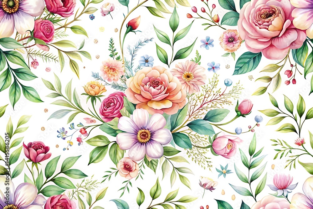 Fototapeta Flowery pattern with pink and yellow flowers