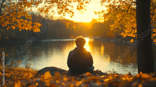 Person sits on a rock by a lake at sunset with golden leaves above and around creating a tranquil autumn scene