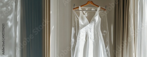 A white dress is hanging on a hanger