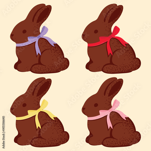 Chocolate Easter bunnies with bow isolated on light yellow background. Vector illustration.	