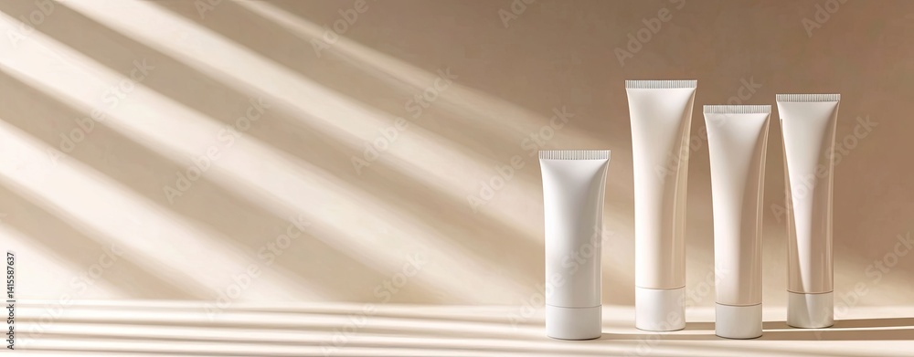A row of four white tubes of makeup sit on a table in the sun A row of four white tubes of makeup sit on a table in the sun