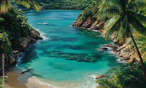 Serene tropical beach with turquoise waters, lush greenery, and a boat in the bay under a clear sky