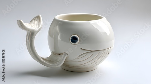 Minimalist white ceramic mug designed in the shape of a whale featuring a curved tail handle and a blowhole detail on the top against a clean background