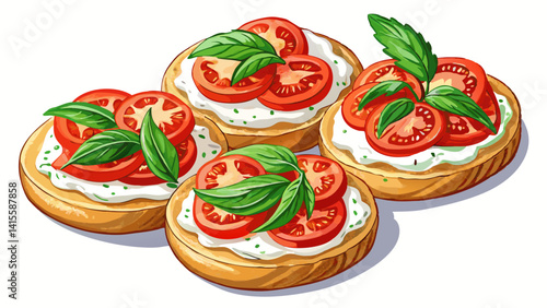 Bread crisps with cream cheese, tomato slices and herbs on white