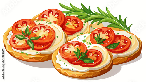 Bread crisps with cream cheese, tomato slices and herbs on white