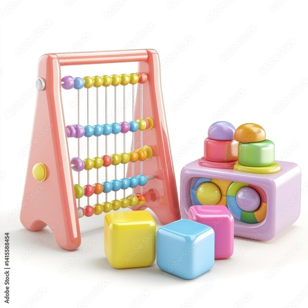 Set of baby learning toys in glossy 3D cartoon plastic: shape sorter, abacus, and cube blocks white background Set of baby learning toys in glossy 3D cartoon plastic: shape sorter, abacus, and cube blocks white background