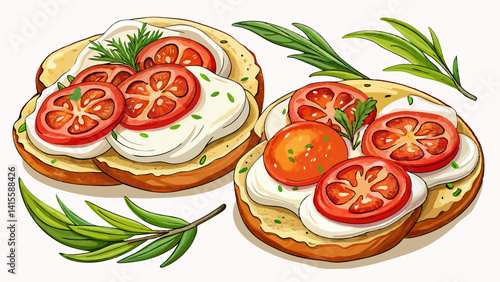 Bread crisps with cream cheese, tomato slices and herbs on white